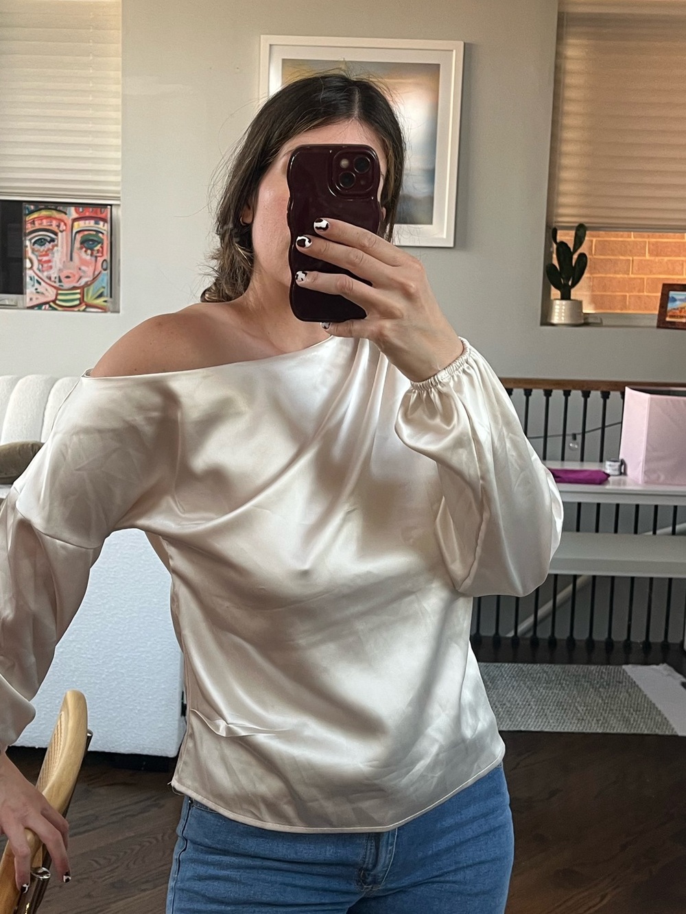 One-Shoulder Satin Blouse in Ivory - Women